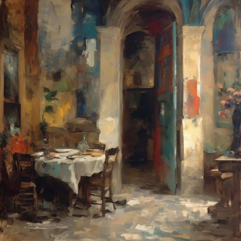 Λευκό τραπέζι με λευκό τραπεζομάντιλο και καρέκλες, εσωτερικό σπίτι, ζωγραφισμένο με εντυπωσιακή υδατογραφία.