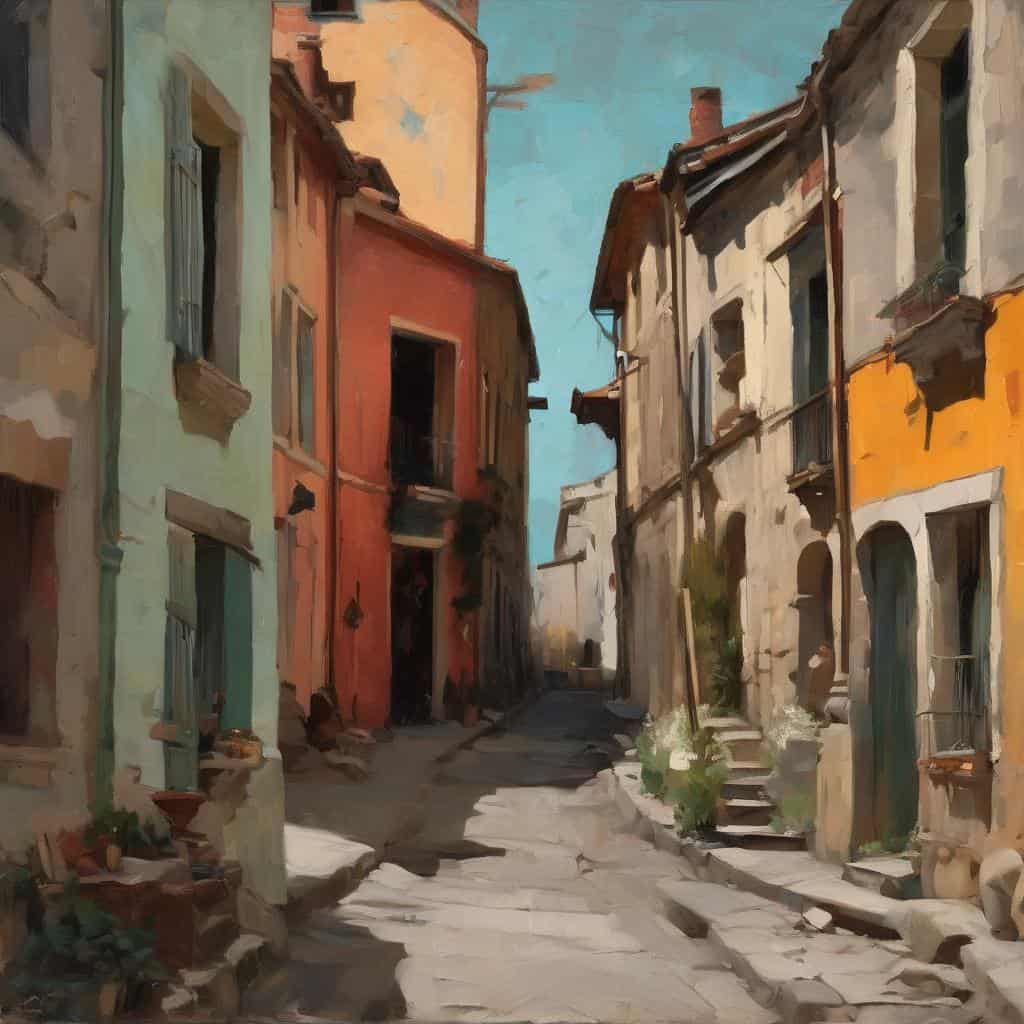 Παλιά πόλη με πολύχρωμα σπίτια και καλλιτεχνικά έργα, απόψεις που άλλαξαν την τέχνη.