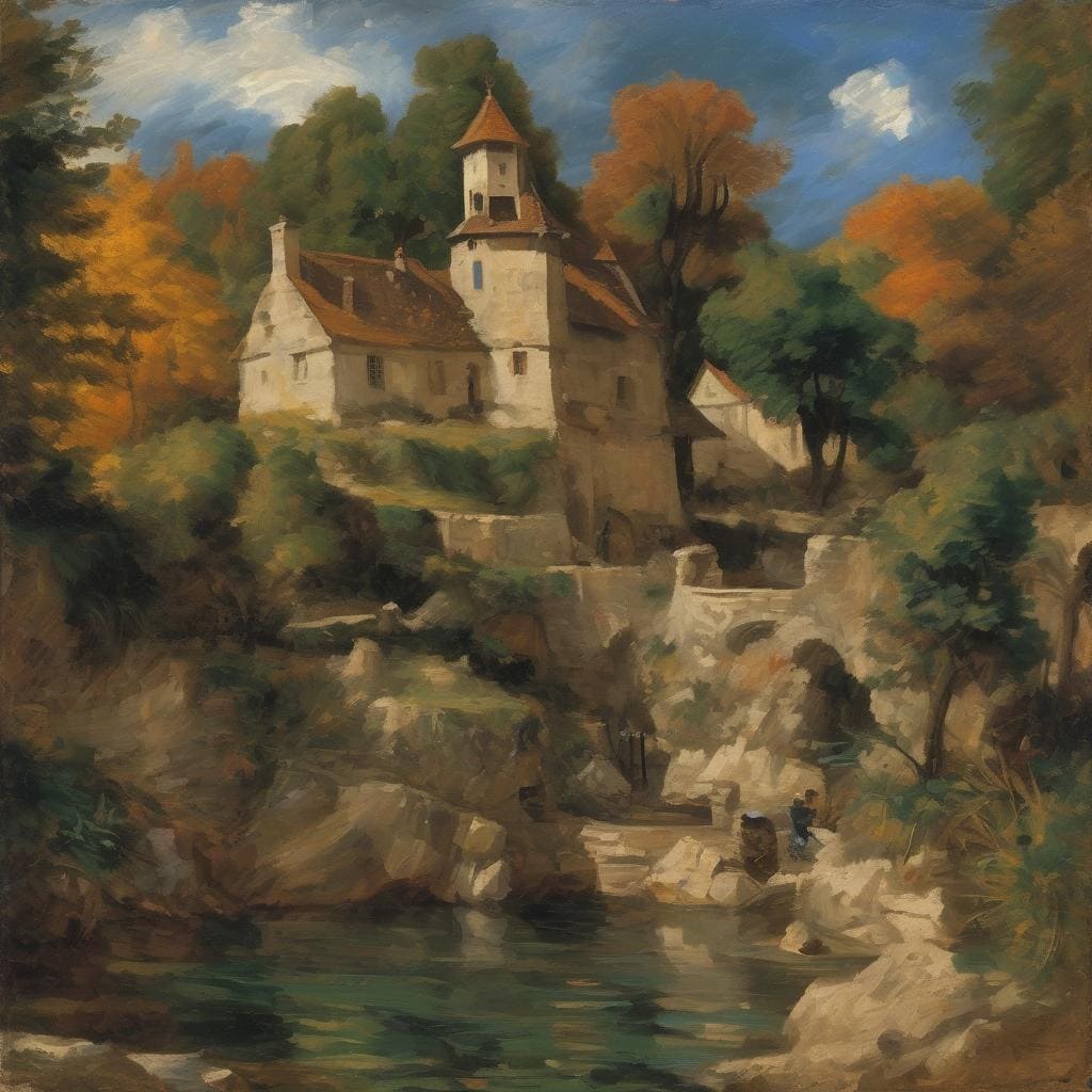 παραδοσιακός πύργος σε καταπράσινο τοπίο, όσοις τυρκουάζ και καφετί αποχρώσεις, έργο καλλιτέχνη, τέχνη που άλλαξε την ιστορία της τέχνης.