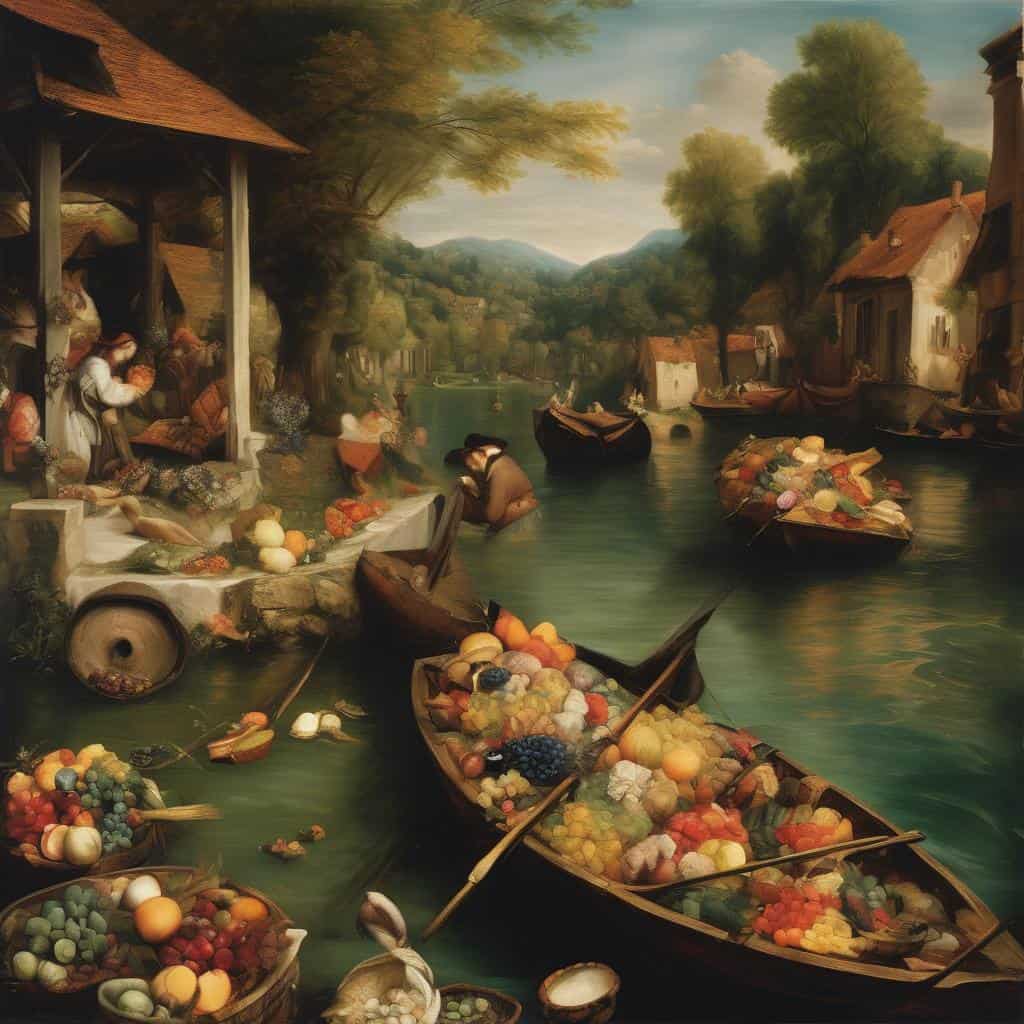 Λιμάνι με πλωτές αγορές φρούτων και λαχανικών, ζωγραφική που απεικονίζει την τέχνη των καλλιτεχνών που άλλαξαν την τέχνη.