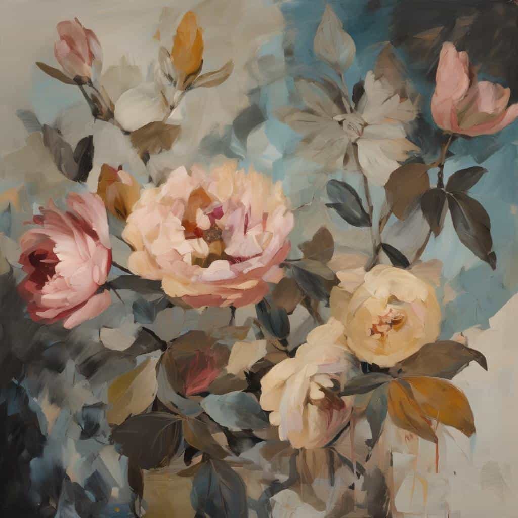 Ρομαντικά λουλούδια σε πίνακα ζωγραφικής, σύγχρονη τέχνη και εξέλιξη στην καλλιτεχνική δημιουργία.